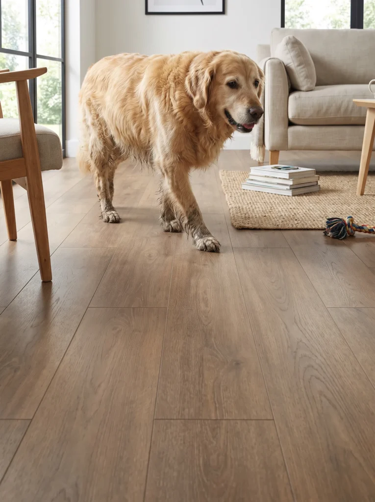 Active dog walking across scratch-resistant wood-look flooring in a modern home.