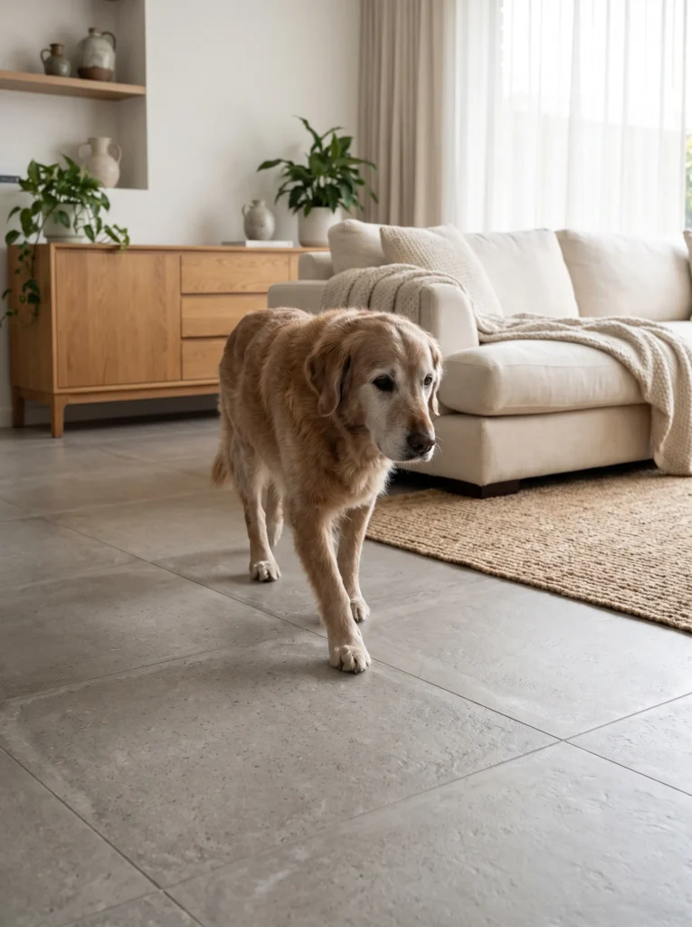 Dog walking comfortably across textured flooring designed for better traction.