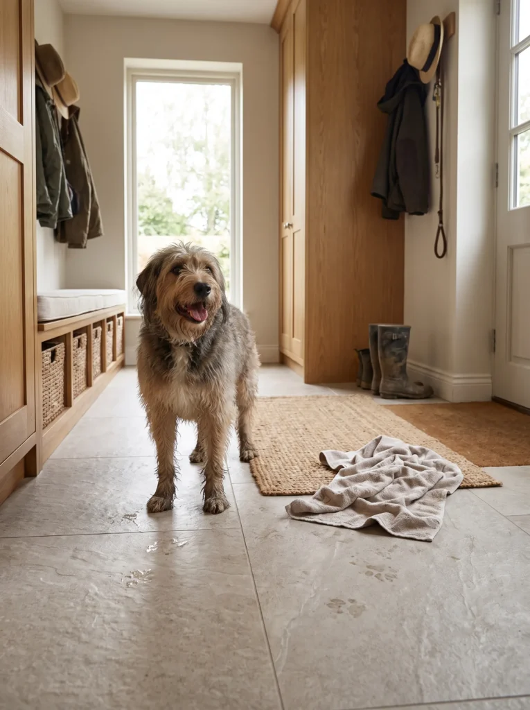 Dog standing on easy-clean flooring in an entryway after coming indoors.