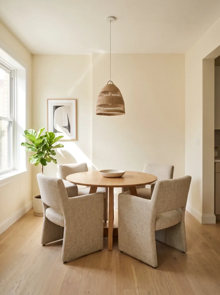 Round dining table creating comfortable circulation in a small dining area.