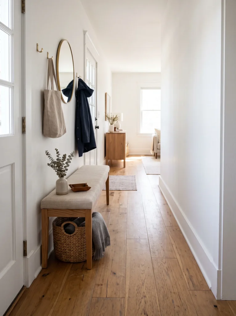 Shallow entryway bench leaving comfortable walking space in a narrow hallway.