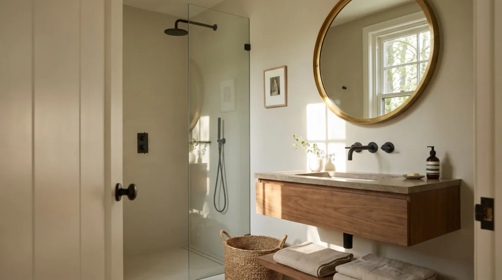 A beautiful small bathroom painted in a soft, light color creating a spacious and calm atmosphere