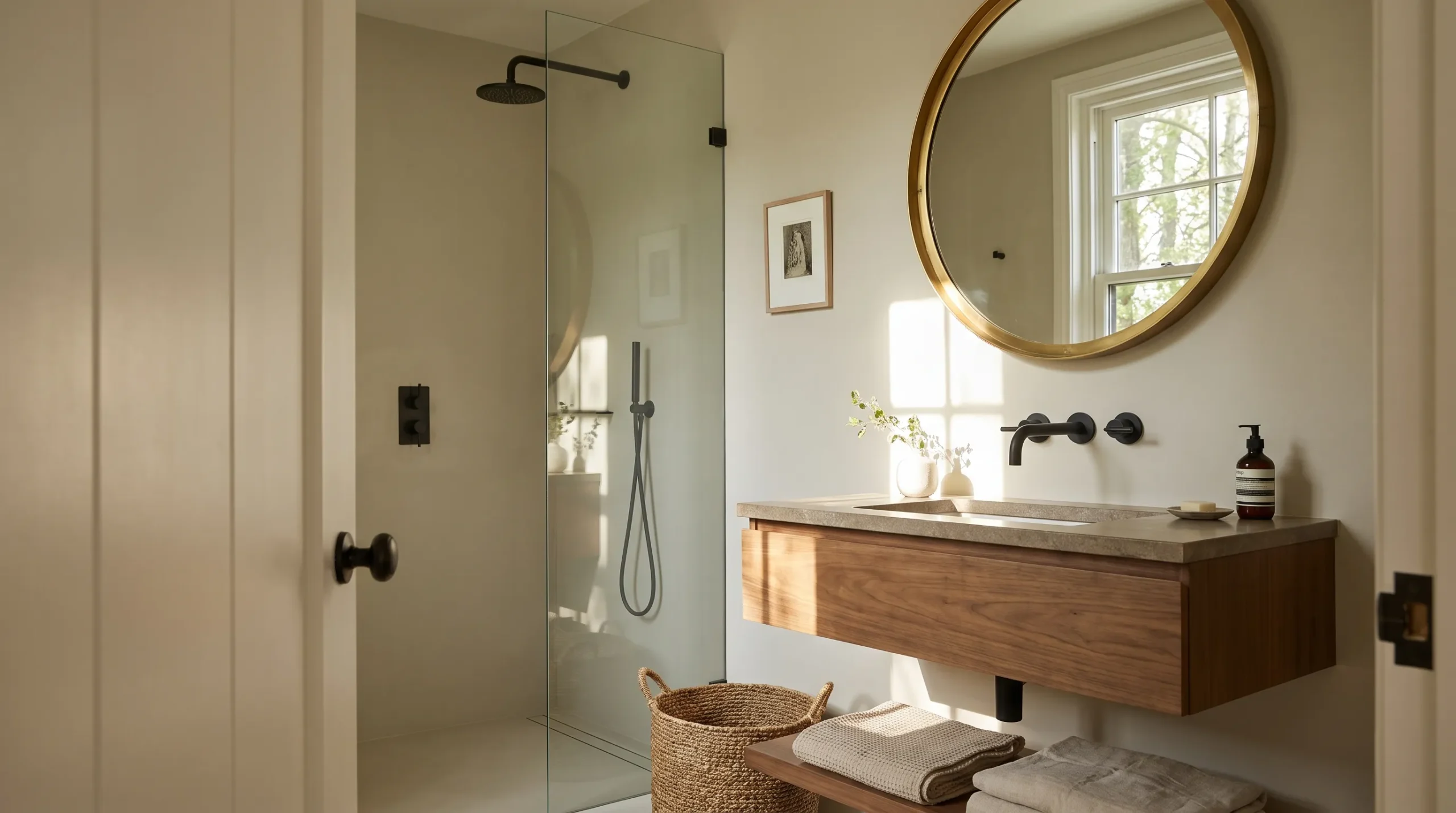 A beautiful small bathroom painted in a soft, light color creating a spacious and calm atmosphere