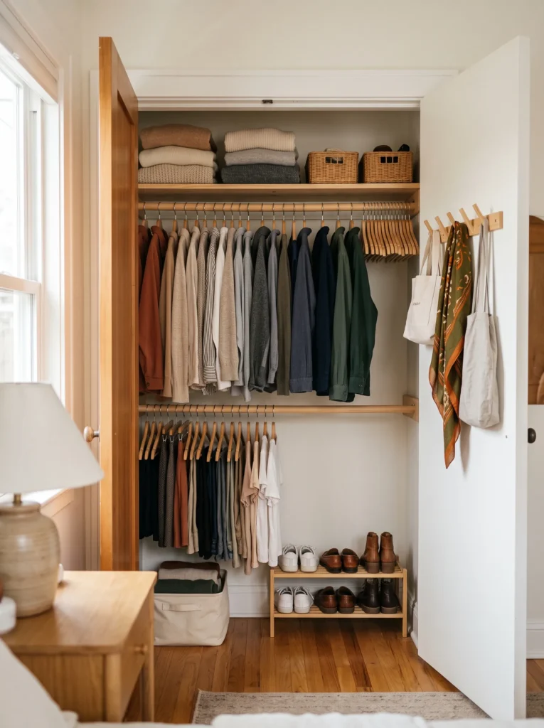 Organized small bedroom closet with double hanging rail