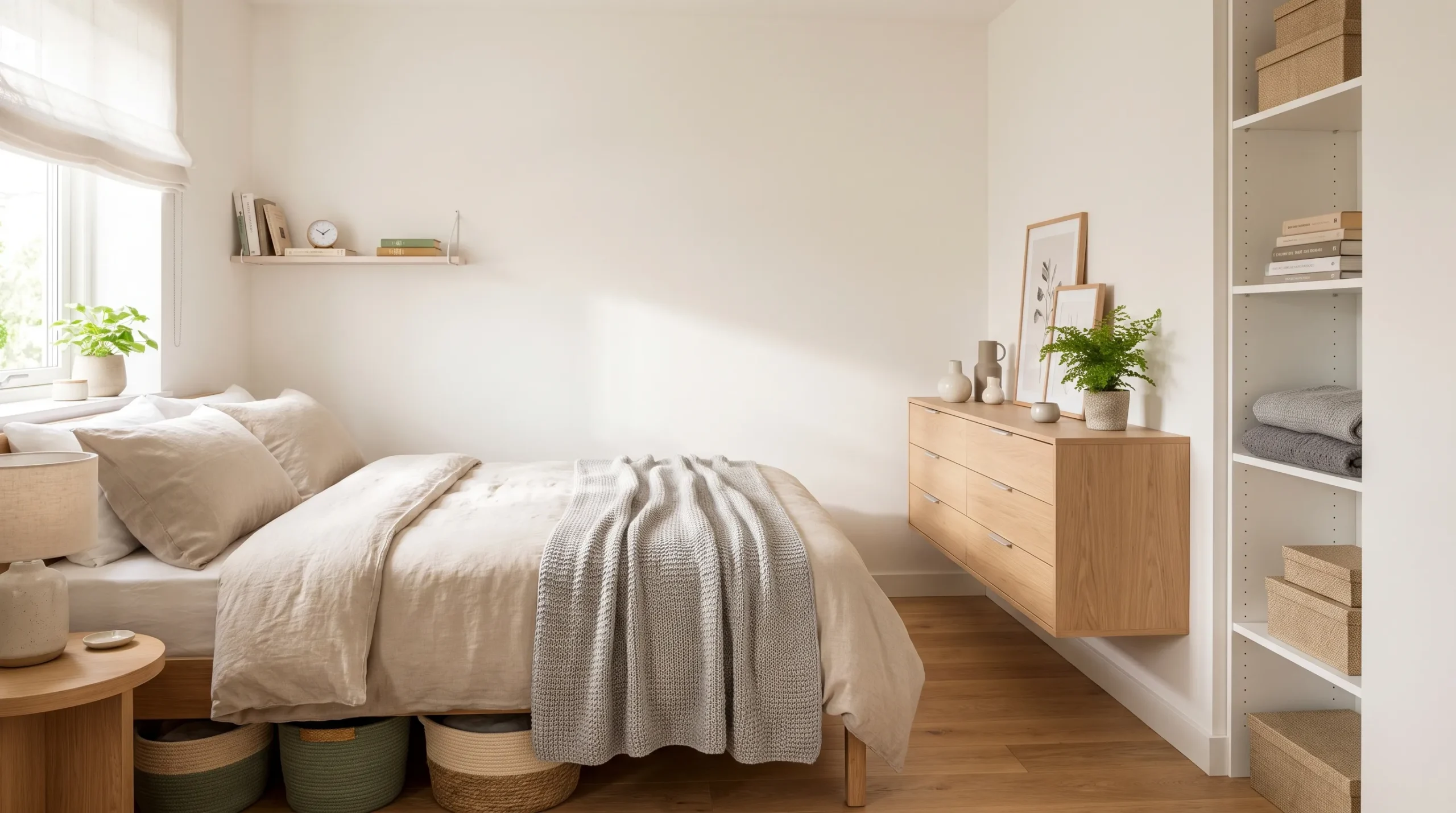 Small bedroom with space-saving storage that keeps the room feeling open