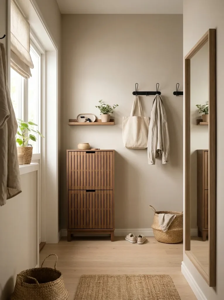 Small entryway using vertical hooks and concealed shoe storage