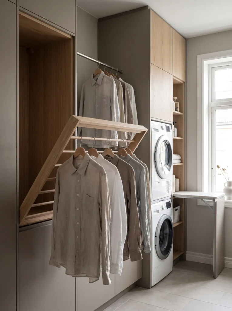 Retractable drying rack and hanging rod providing drying space in a small laundry room.