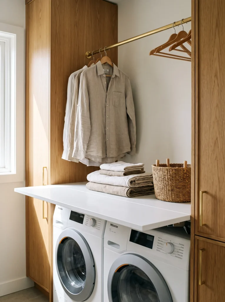 Slim folding counter above side-by-side washer and dryer in a compact laundry room.
