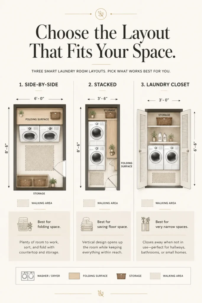 Small laundry room layout diagram comparing side-by-side, stacked, and closet-style appliance arrangements.