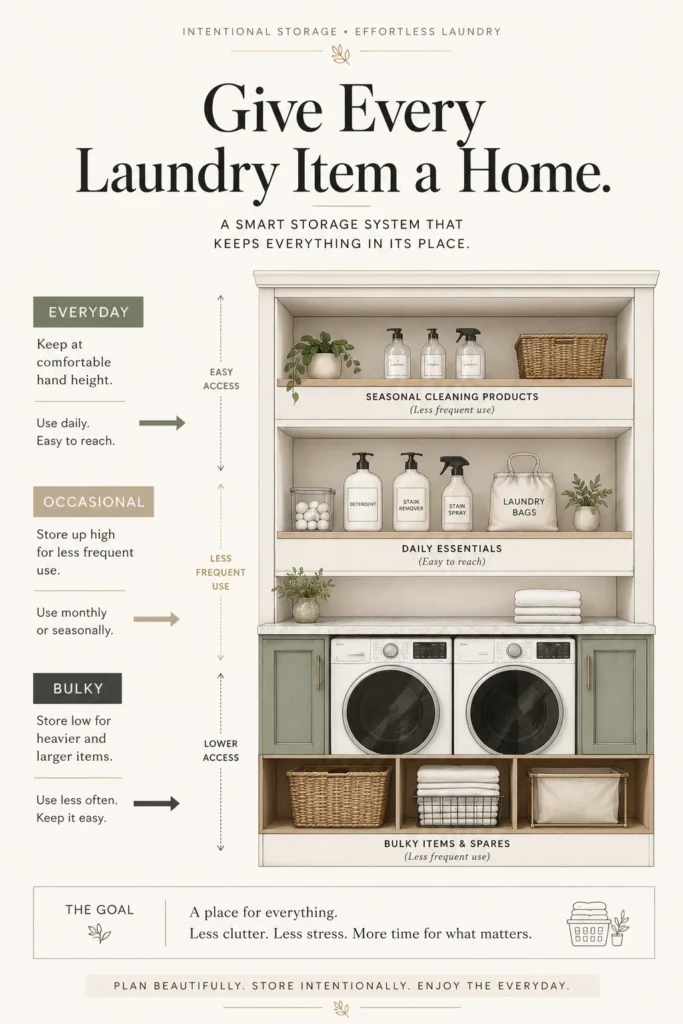 Laundry room storage diagram showing everyday, occasional, and bulky-item storage zones.