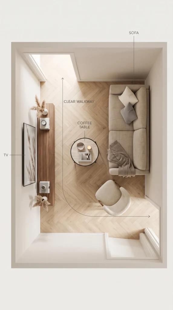 Overhead small living room layout showing sofa, TV, coffee table, and clear walkway