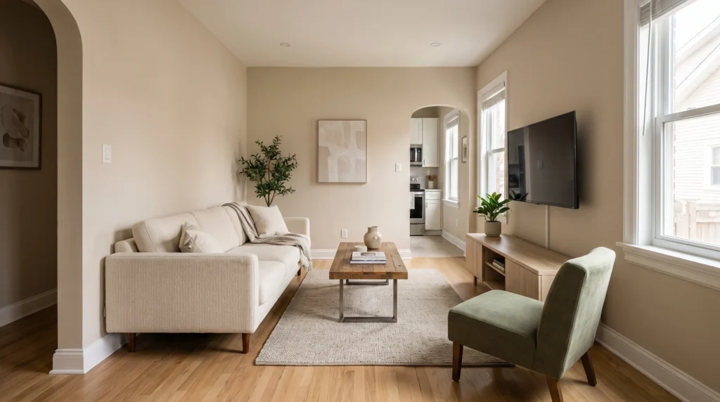Small living room with sofa facing TV and coffee table arranged around a clear walkway