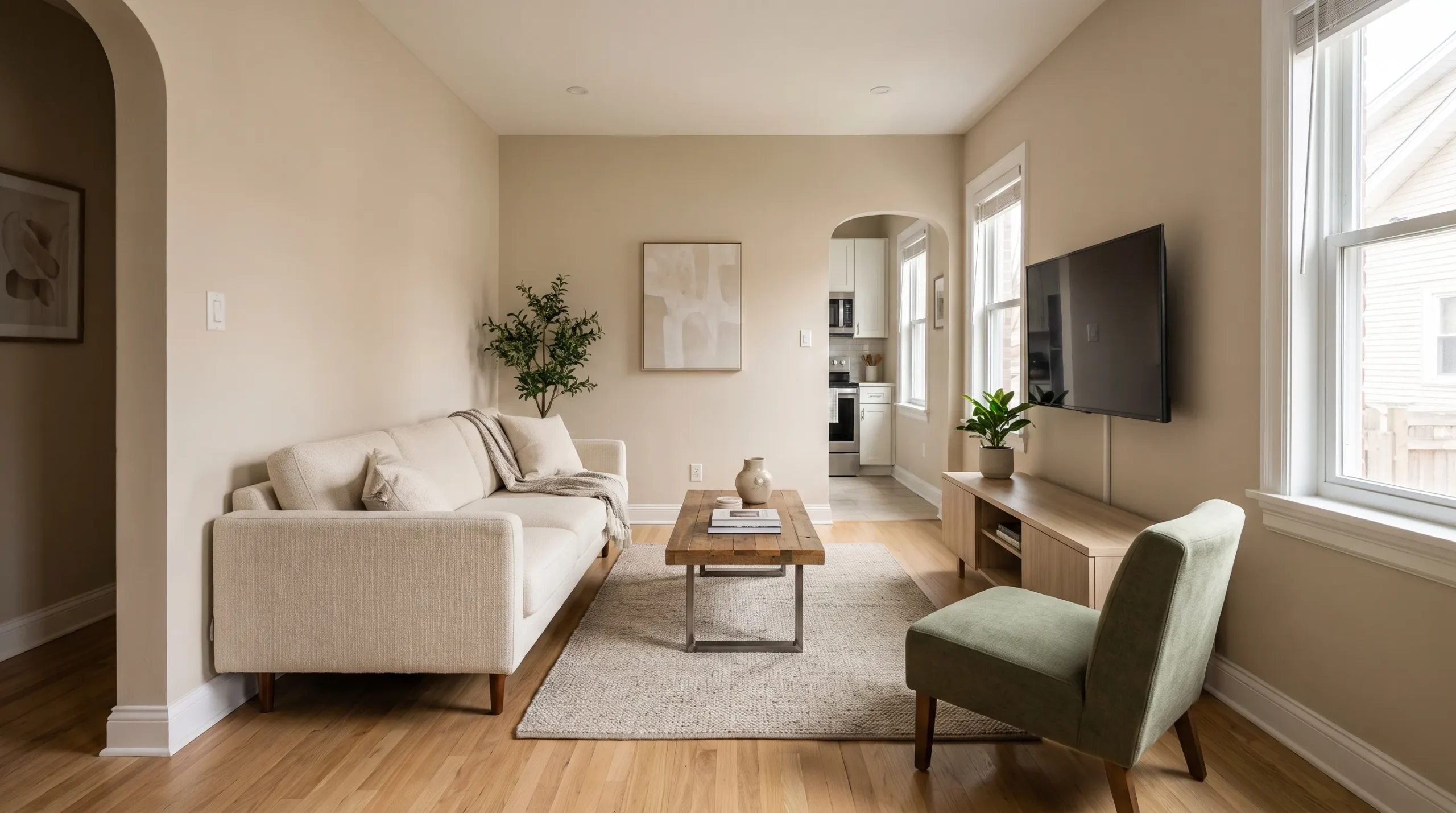 Small living room with sofa facing TV and coffee table arranged around a clear walkway