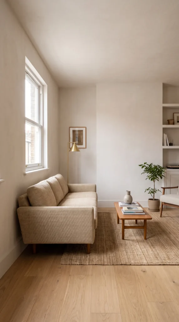 Small living room with sofa slightly pulled away from the wall to define the seating area