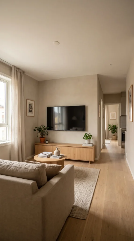 TV positioned opposite a small sofa with a clear walkway beside the seating area