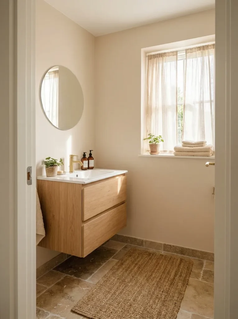 A small bathroom showing soft beige walls paired perfectly with a warm wood vanity and natural stone finishes.