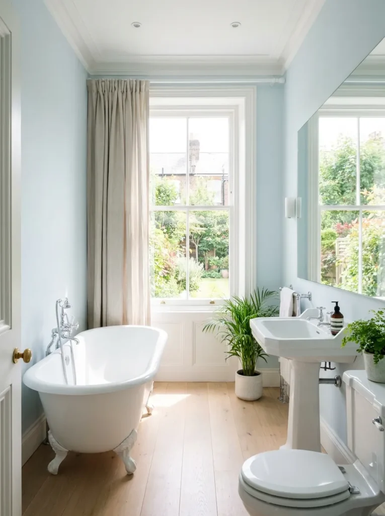 A naturally bright small bathroom painted in a crisp, pale blue to enhance the airy and expansive feeling.