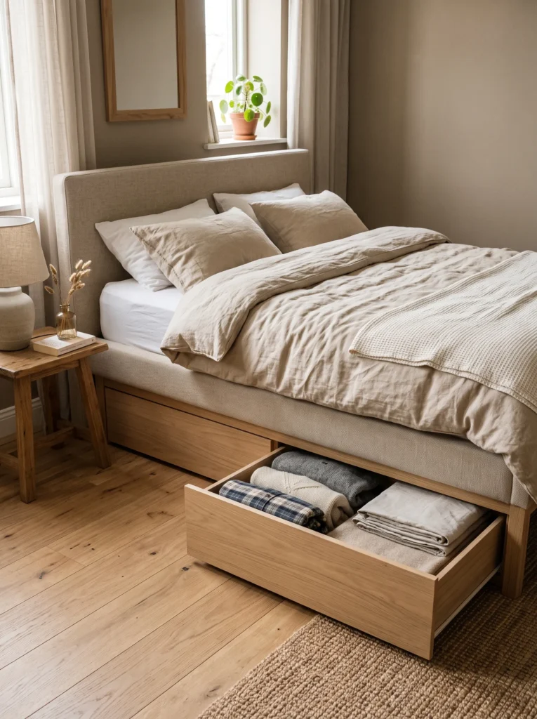 Under-bed storage containers in a small bedroom