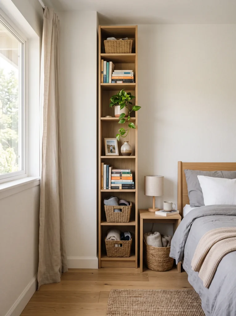 Vertical wall storage shelves in a small bedroom