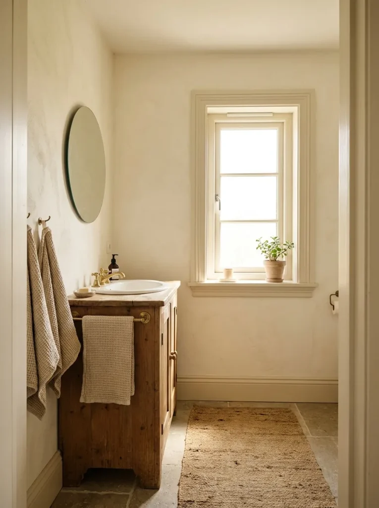 A realistic small bathroom featuring warm white walls that soften the space without feeling sterile.