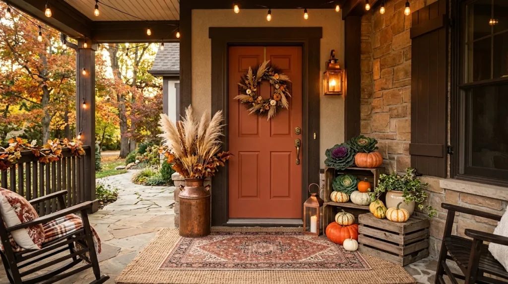 Fall front porch decorated with layered rugs, pampas grass in a copper urn, and a terracotta front door