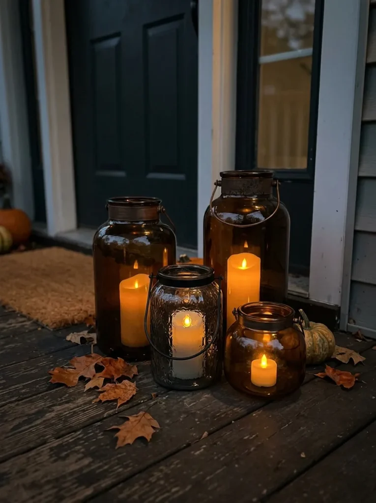 Amber glass lanterns grouped low on a porch floor