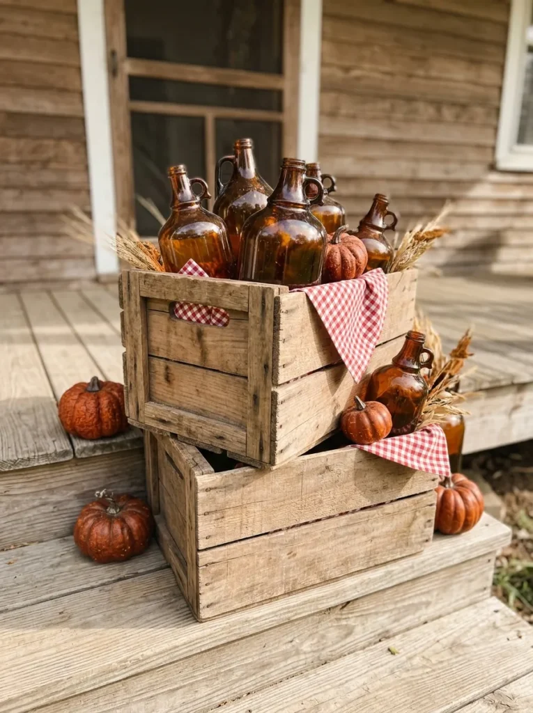 Stacked apple crates with amber cider jugs on porch steps