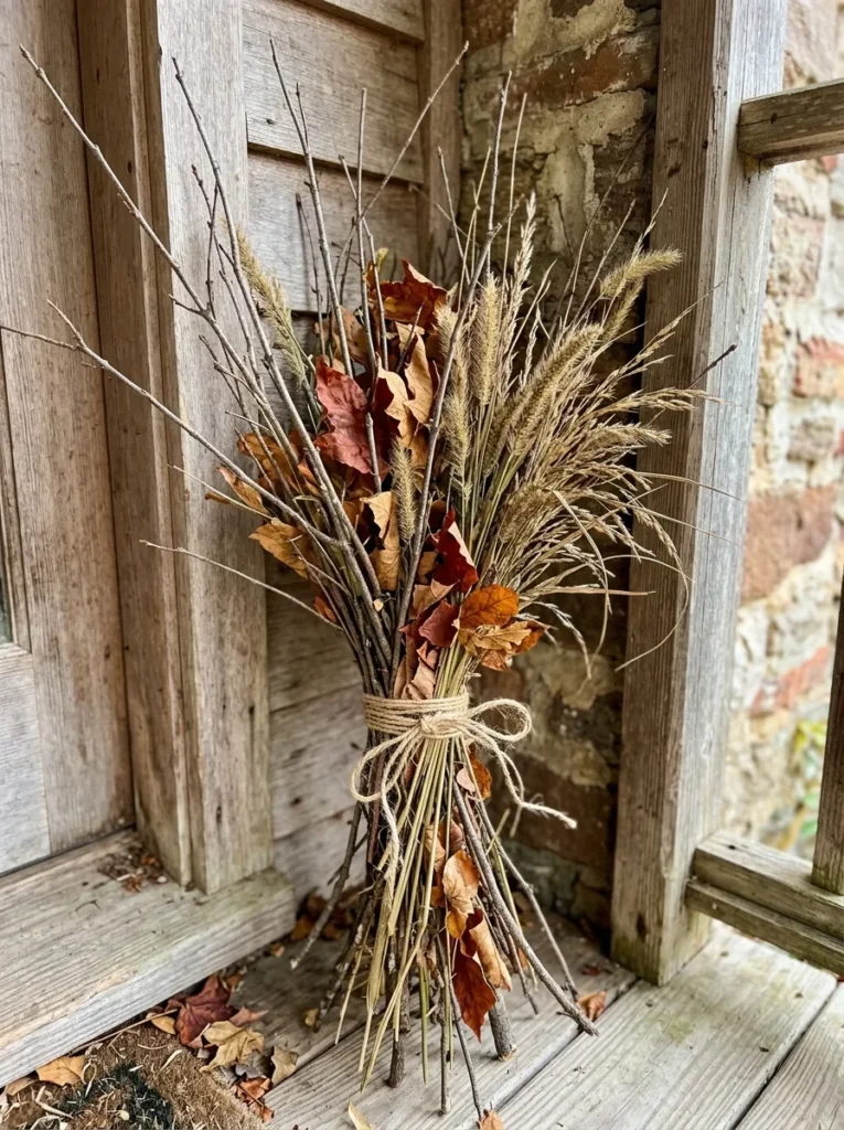 Branch and dried grass bundle tied with twine in a porch corner