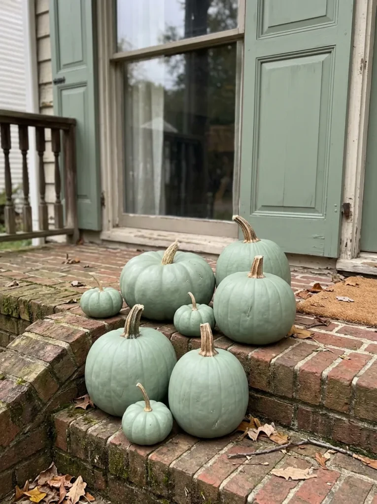 Sage green painted pumpkins matching house trim on steps