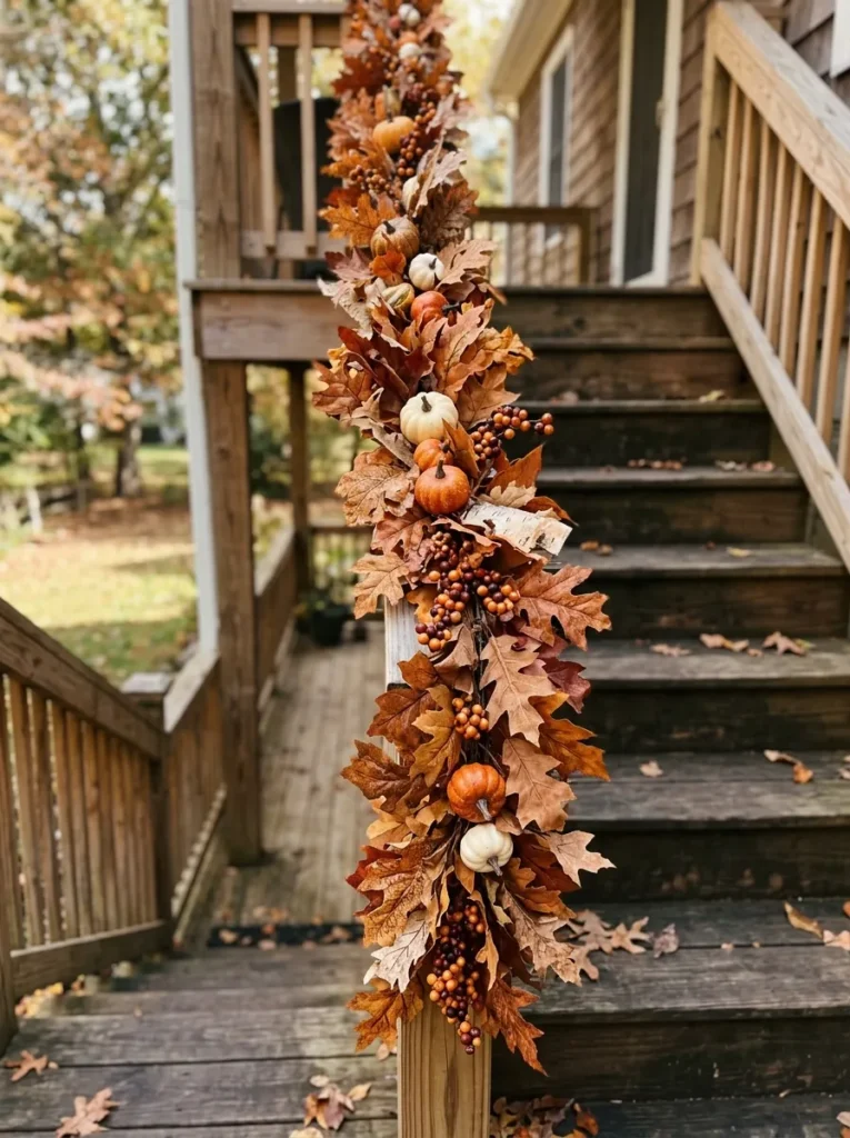 Fall garland running vertically down porch stairs