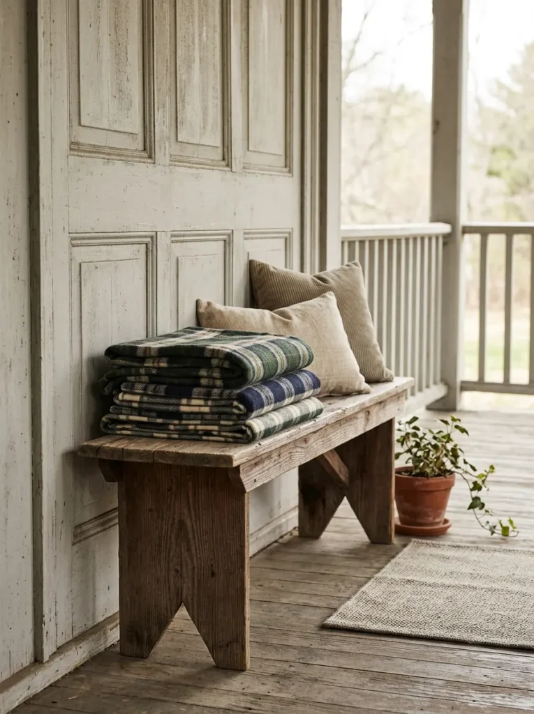 Narrow bench with folded flannel blankets on a small porch