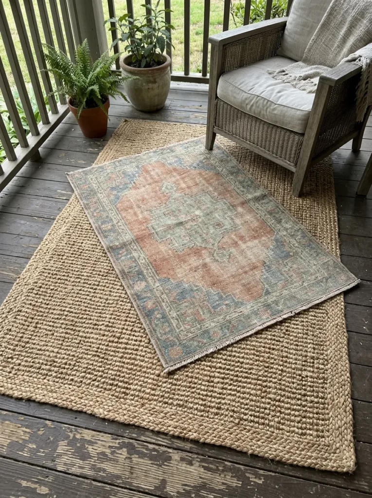 Layered jute and patterned rugs on a fall porch