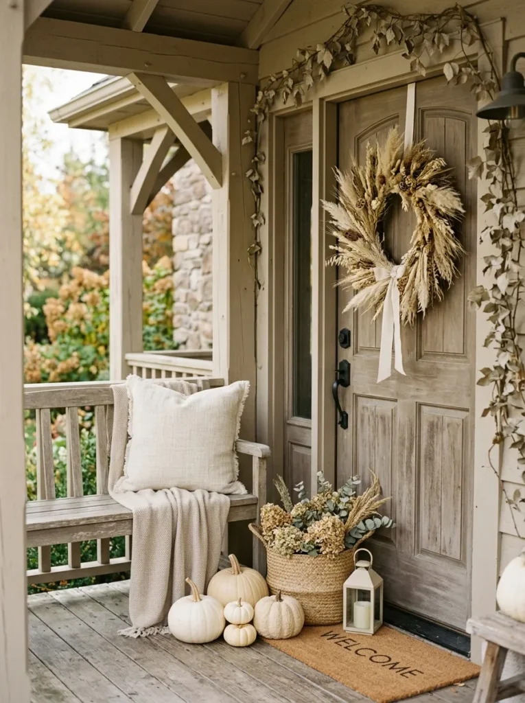 Neutral fall porch in oat and linen tones with cream pumpkins