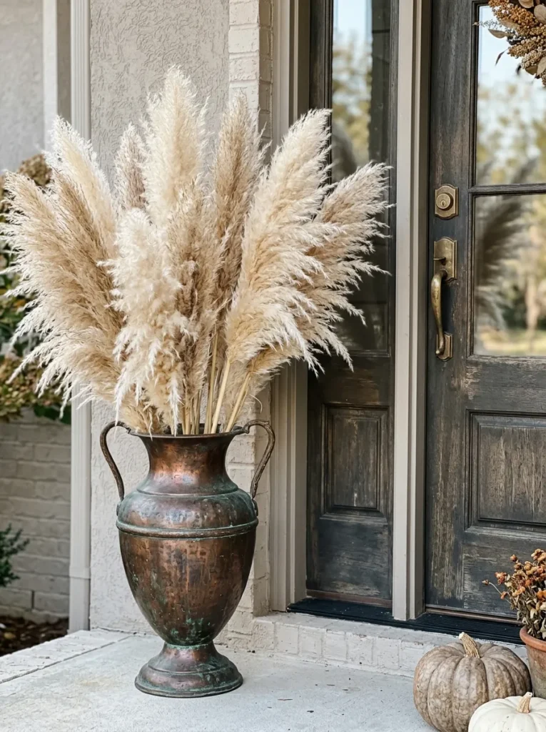 Pampas grass in an aged copper urn by a front door