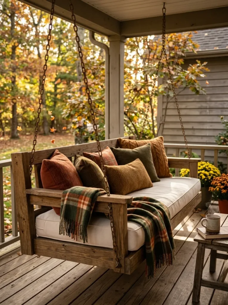 Porch swing styled as a daybed with fall pillows
