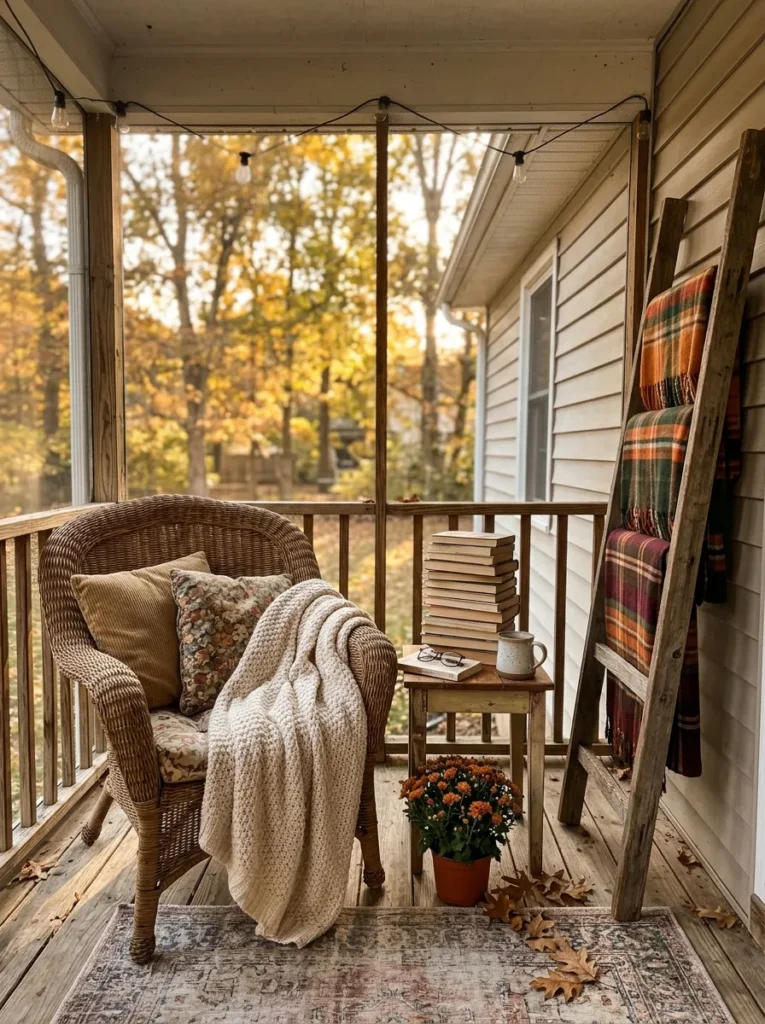 Fall porch reading nook with oversized chair and blanket ladder