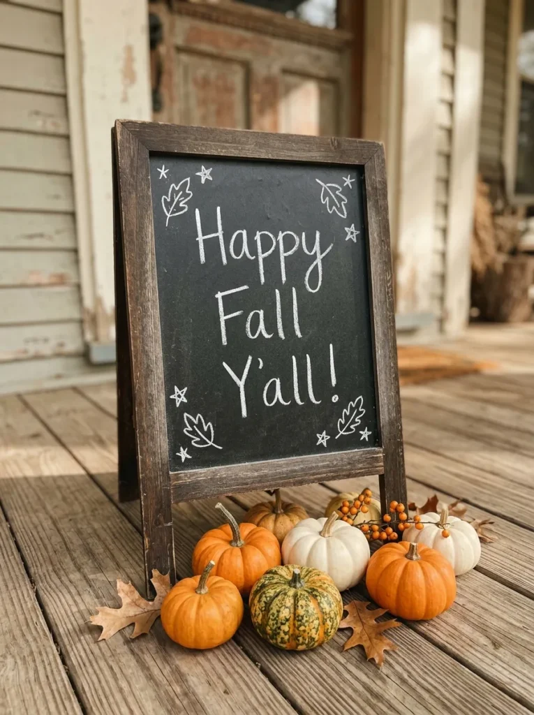 Chalkboard easel with handwritten fall message on a porch