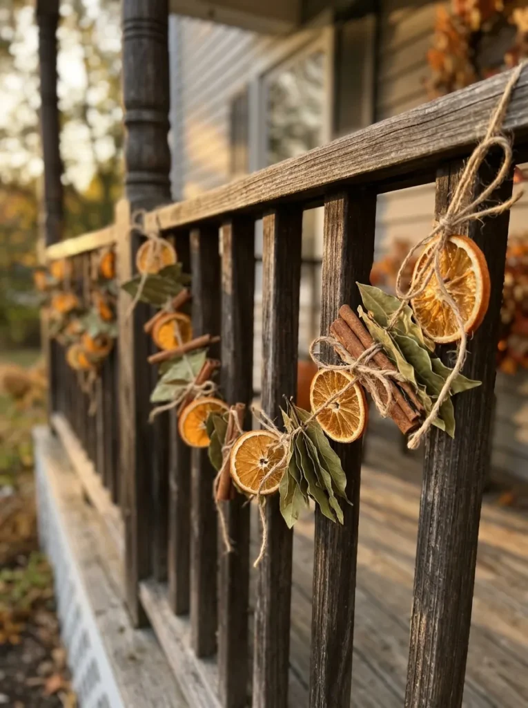 Dried orange slice and cinnamon garland on a porch railing