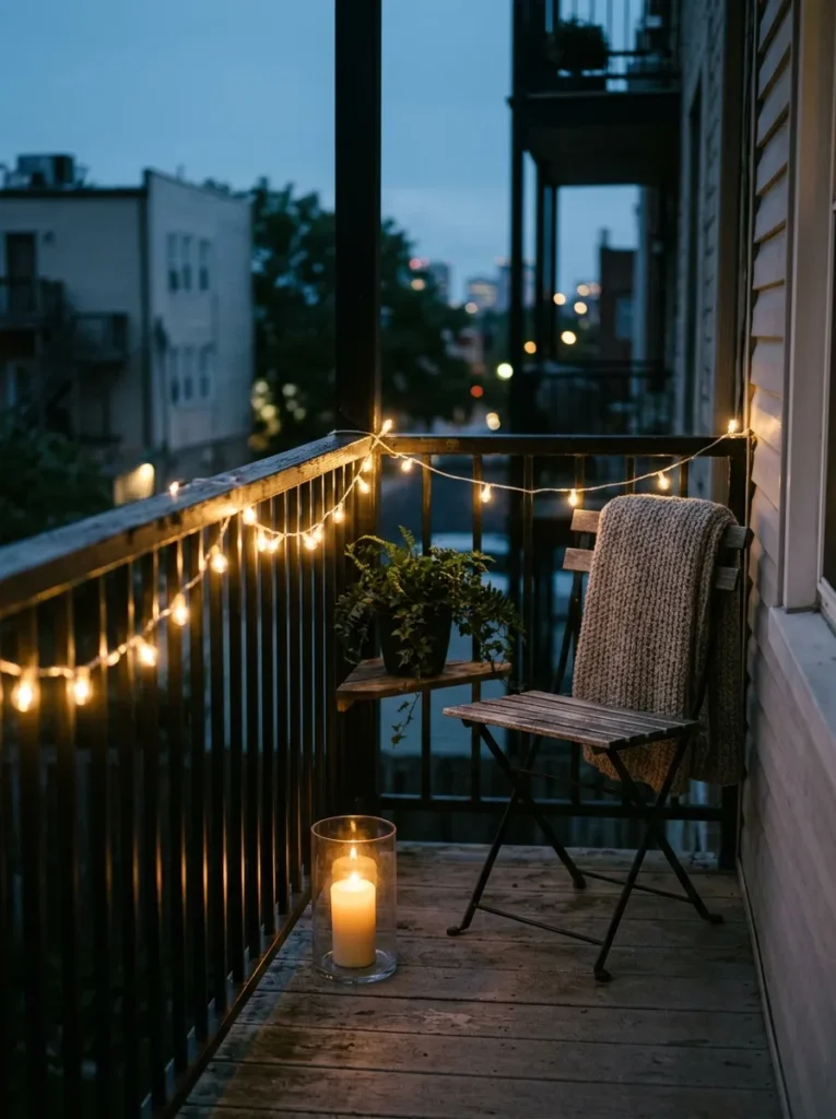 String lights and hurricane candle on a small fall porch