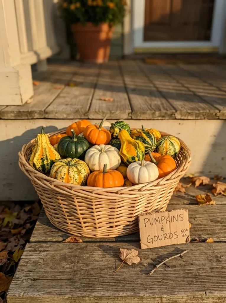 Basket of mini gourds with a take-one sign on porch steps