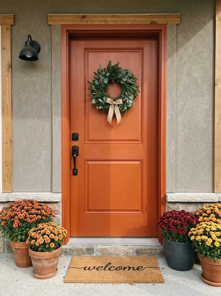 Terracotta front door with mums and evergreen wreath