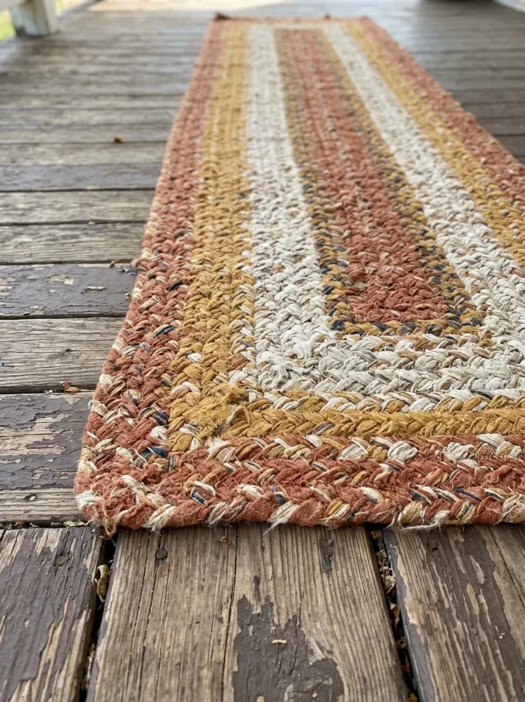 Vintage braided rag rug runner on a fall porch