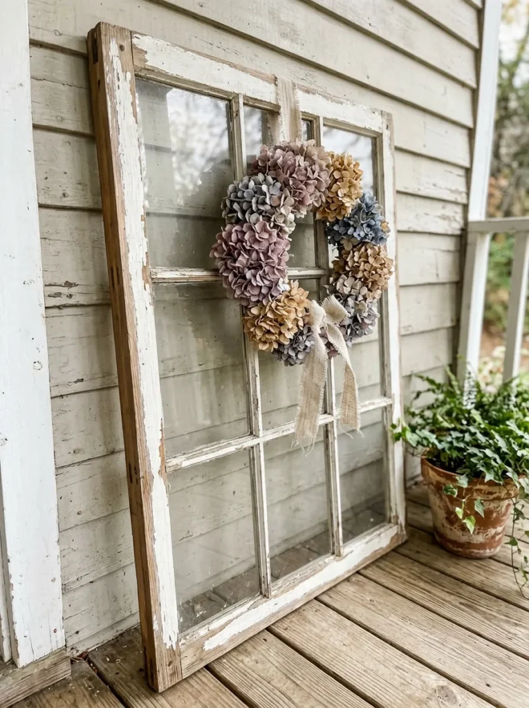 Vintage window frame with dried hydrangea wreath on a porch