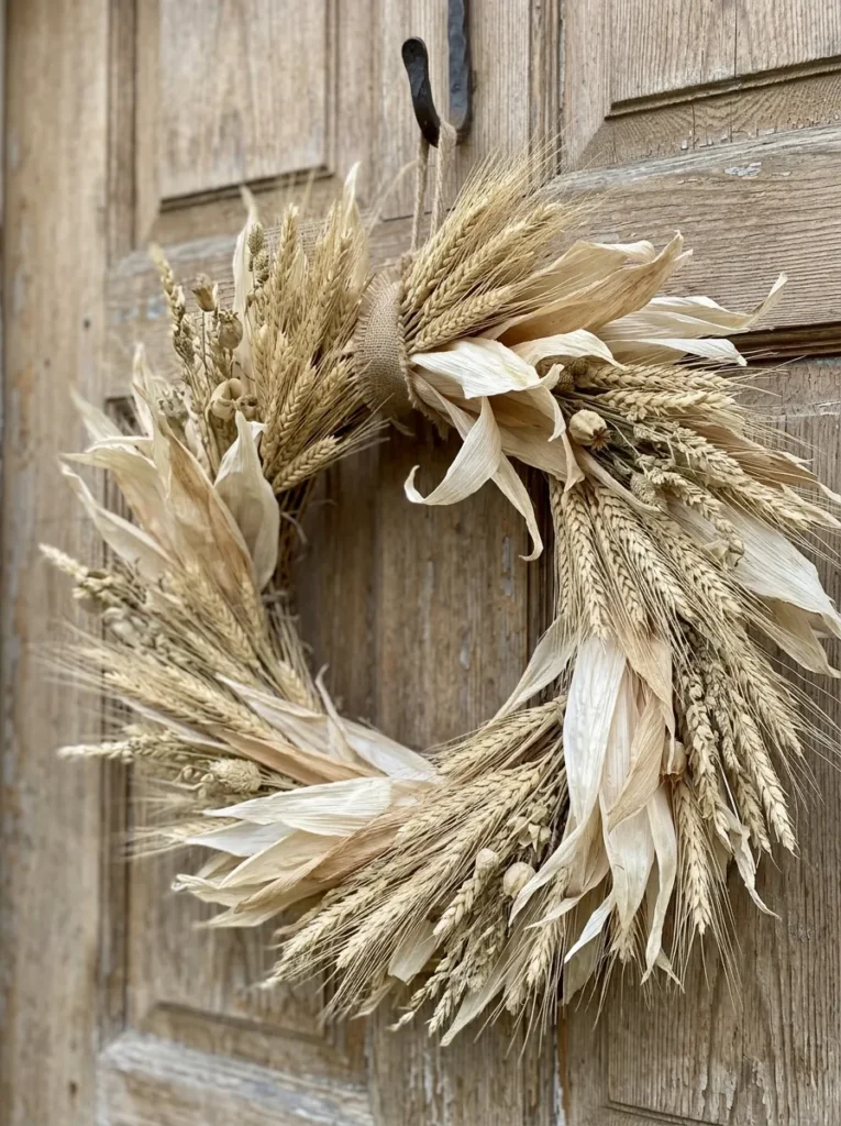 Neutral wheat and corn husk wreath on a fall door