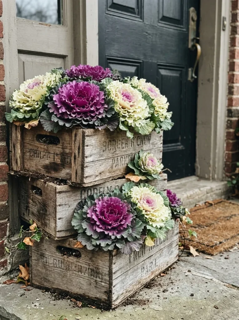 Stacked wooden crates planted with ornamental kale