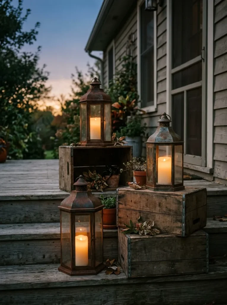 Three mismatched aged lanterns glowing on porch steps at dusk
