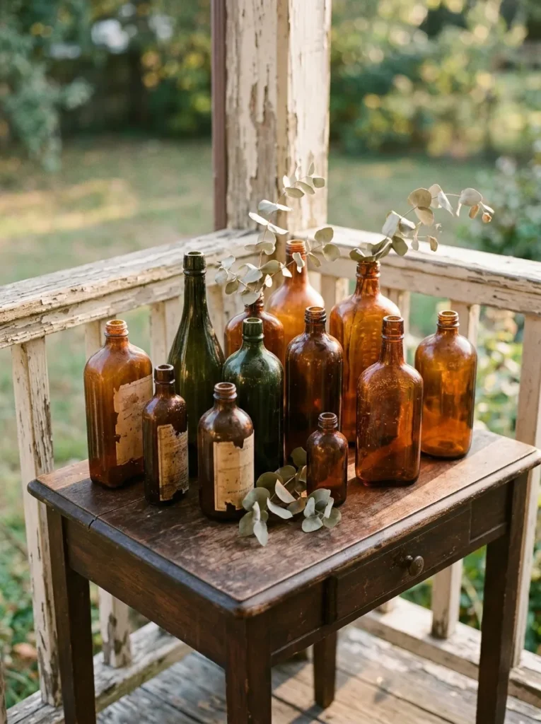 Amber and green apothecary bottles with dried branches on a porch table
