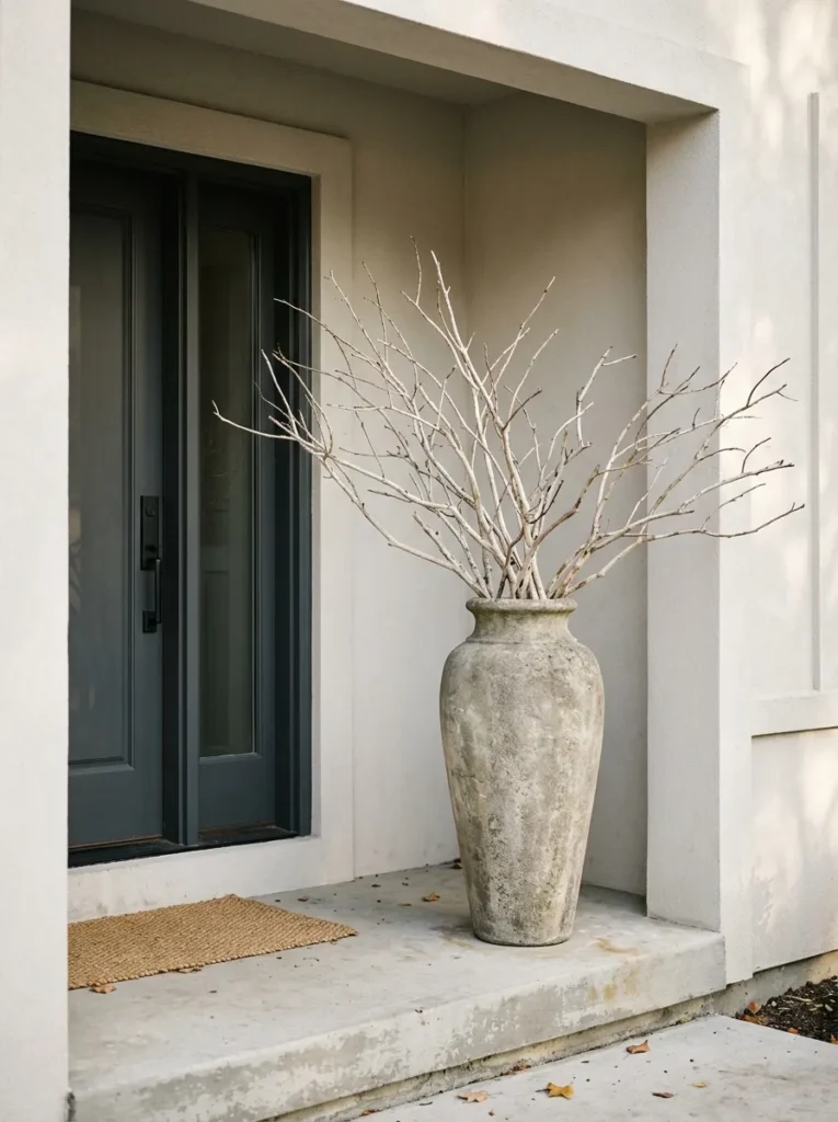 Tall urn with bare whitewashed branches beside a front door