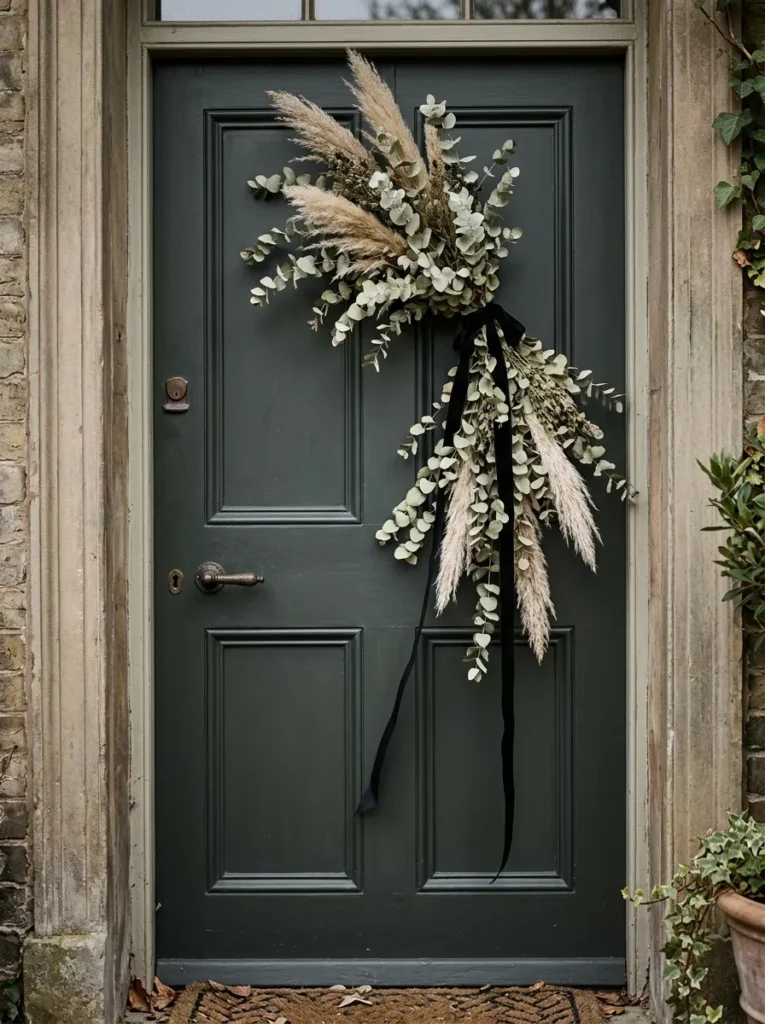 Asymmetrical dried botanical swag draped down a front door