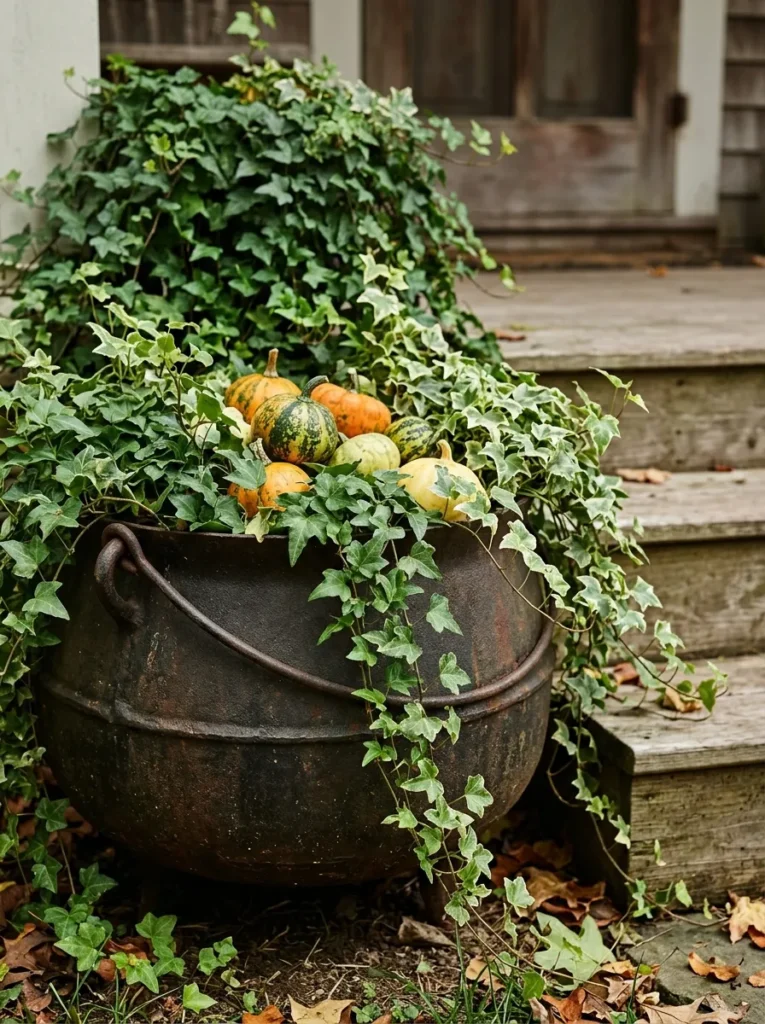 Cast-iron cauldron planted with trailing ivy beside porch steps